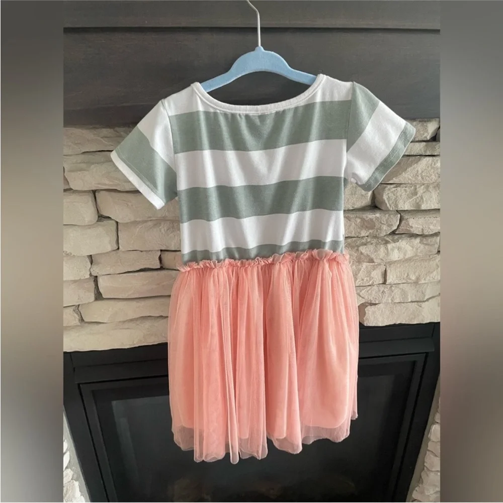 Girls 6T Dress, Gray Stripes/Peach Tulle
